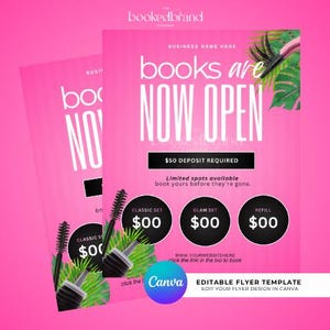 Op de afbeelding: Roze flyer met de tekst "books are NOW OPEN" en "$50 DEPOSIT REQUIRED." Bevat mascara borstels en informatie voor Classic, Glam en Refill sets. De flyer is een bewerkbare sjabloon.