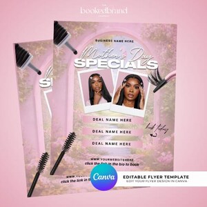 May include: Pink Mother's Day Specials flyer template with two photos of a woman, mascara wands, and text. Includes areas for business name, deals, and website information. The Canva logo is visible.