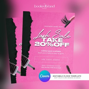 May include: Pink flyer with the text "Lash Sale TAKE 20% OFF". Includes lash brushes, a mascara wand, and the Canva logo. The flyer also includes the text "Limited spots available book yours before they're gone."