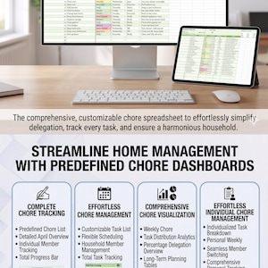 May include: Image of a computer monitor and tablet displaying a chore assignment spreadsheet. The text reads "MANAGE HOUSEHOLD CHORE ASSIGNMENT LIKE A PRO." and "STREAMLINE HOME MANAGEMENT WITH PREDEFINED CHORE DASHBOARDS."