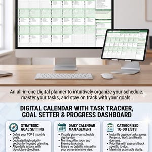 May include: A digital planner displayed on a desktop computer and a tablet. The screen shows a calendar layout with the text "MANAGE YOUR CALENDAR LIKE A PRO." Additional text describes features like goal setting and task tracking.