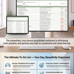 Puede incluir: Una lista de tareas digital se muestra en un monitor de computadora y una tableta. La imagen incluye el texto "MANAGE YOUR DAILY TASKS LIKE A PRO." y "The Ultimate To-Do List - Your Day, Beautifully Organized."