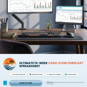 May include: A digital spreadsheet template titled Ultimate 13-Week Cash-Flow Forecast Spreadsheet, displayed on two computer monitors. The interface features tabs for How to Use, 13-Week Forecast, Inflows, Recurring Outflows, Runway & Scenarios, and Settings.