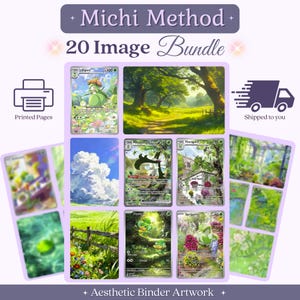 May include: A Michi Method 20 Image Bundle featuring printed pages of nature-themed artwork and trading cards. The collection includes illustrations of lush forests, grassy fields, and various green creatures, presented in a grid layout with text.
