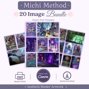 May include: A digital bundle of 20 images titled Michi Method 20 Image Bundle Canva Print Template. The collection features purple-toned cityscapes and character illustrations. Includes icons for printing and instant download functionality.