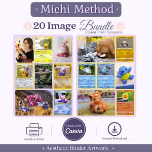 May include: A digital template titled Michi Method 20 Image Bundle Canva Print Template featuring a collection of various Pokemon trading cards and small clay figures. The layout includes text labels, printer and download icons, and the Canva logo.