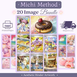 May include: A Michi Method 20 Image Bundle featuring a collection of illustrated trading cards and bakery-themed artwork. The display includes various character cards, a chocolate-frosted donut, and a storefront scene, all presented in a grid layout.