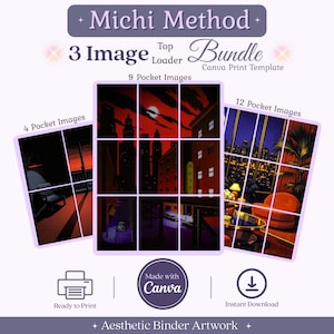 May include: A digital bundle of three printable binder inserts labeled Michi Method, featuring 4, 9, and 12 pocket image layouts. The designs display stylized cityscapes and interior scenes in red, orange, and purple tones, with Canva branding.