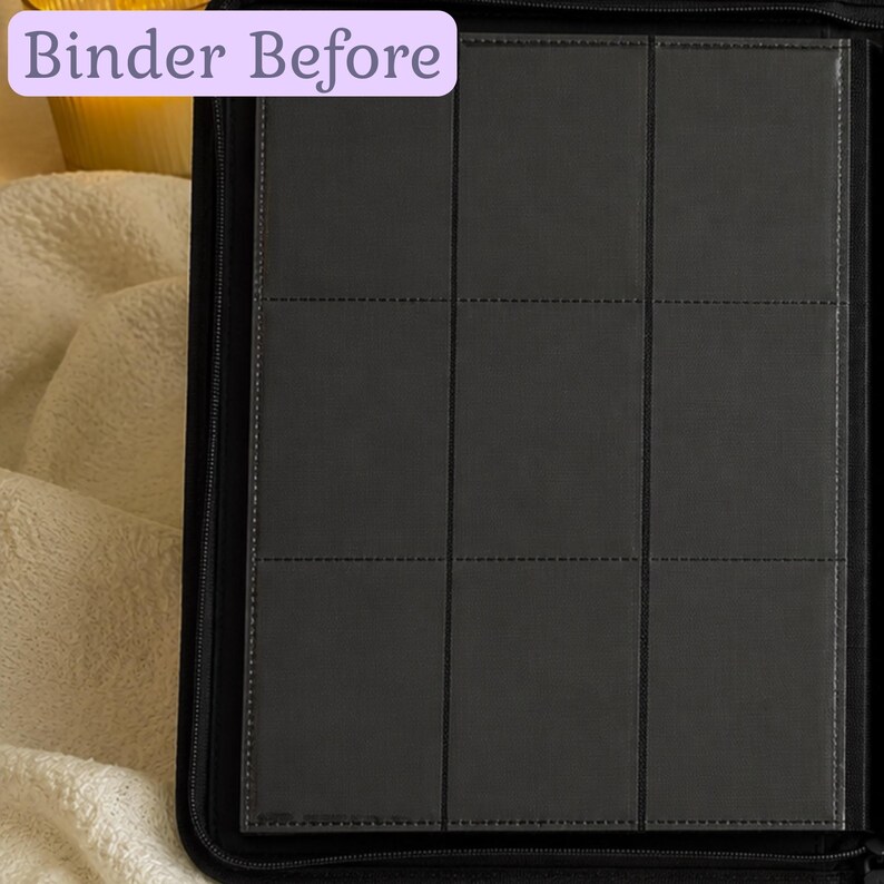 May include: A black zippered trading card binder featuring a nine-pocket page layout with clear plastic sleeves. The interior page is dark gray with stitched grid lines. The text "Binder Before" is displayed in a light purple box at the top left.