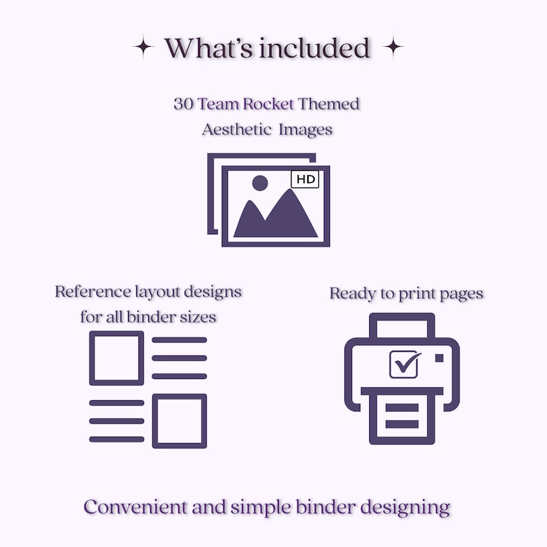 May include: A digital graphic with dark purple text and icons. The text reads: What's included, 30 Team Rocket Themed Aesthetic Images, Reference layout designs for all binder sizes, Ready to print pages, and Convenient and simple binder designing.