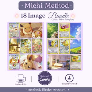 Könnte beinhalten: Ein digitales Paket mit 18 Bildern, die Eevee-Charaktergrafiken und Sammelkartendesigns zeigen. Das Layout enthält verschiedene Illustrationen der braunen Kreatur in Innen- und Außenbereichen sowie Textbeschriftungen wie Michi Method und Canva.