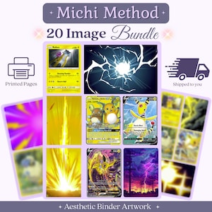 Puede incluir: Un paquete de 20 imágenes Michi Method que incluye varias cartas coleccionables e ilustraciones con temática de rayos. La colección incluye cartas como Raikou, Raichu y Alolan Raichu, Ampharos V y Jolteon V, junto a gráficos en amarillo y morado.