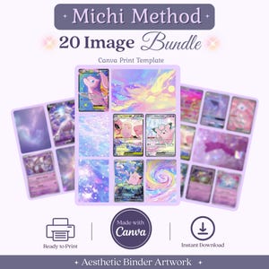 May include: A Michi Method 20 Image Bundle Canva print template featuring a collection of pastel-colored trading card designs with holographic effects, pink and blue hues, and various character illustrations, presented in a grid layout.