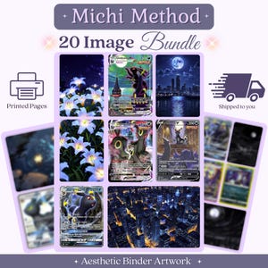 Può includere: Una raccolta di 20 pagine stampate intitolata Michi Method 20 Image Bundle Aesthetic Binder Artwork. Le immagini mostrano carte collezionabili Umbreon, paesaggi urbani notturni e gigli blu con un tema notturno scuro.