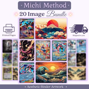 May include: A Michi Method 20 Image Bundle featuring printed pages of trading card artwork and landscape illustrations. The collection includes various character cards and scenic designs like a mountain at sunset and ocean waves.