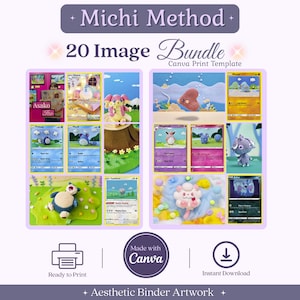 Könnte beinhalten: Ein digitales Set aus 20 Bildern mit dem Titel Michi Method 20 Image Bundle Canva Print Template. Das Layout zeigt verschiedene gehäkelte Kreaturen neben Sammelkarten, darunter Snorlax, Altaria und andere. Enthält Symbole zum Drucken und Herunterladen.