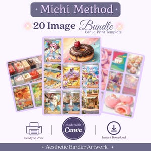 Könnte beinhalten: Ein digitales Paket mit 20 Bildern namens Michi Method, das eine Canva-Druckvorlage für ästhetische Ordner-Grafiken enthält. Die Anzeige zeigt verschiedene illustrierte Grafiken im Sammelkartenstil, darunter einen Schokodonut.
