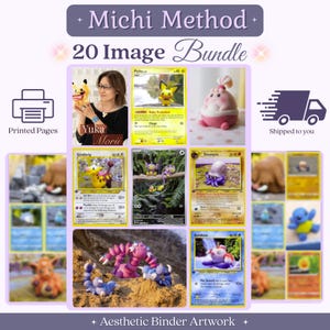 May include: A Michi Method 20 Image Bundle featuring a collection of Pokemon trading cards and clay figures. The display includes cards for Pichu, Girafarig, Aipom, Omanyte, and Goldeen, alongside various sculpted clay creatures and printed pages.