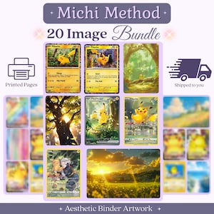 May include: A collection of 20 printed images titled Michi Method 20 Image Bundle, featuring various illustrations of the yellow character Pikachu in forest and landscape settings, alongside printed pages and aesthetic binder artwork labels.