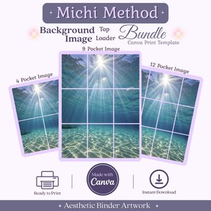 Könnte beinhalten: Eine Michi Method Bundle Canva Druckvorlage mit drei Rasterlayouts für Ordner-Grafiken. Die Designs zeigen eine Unterwasser-Ozeanszene mit Sonnenstrahlen. Der Text umfasst Background Image, Top Loader, 4 Pocket, 9 Pocket, 12 Pocket und Made with Canva.