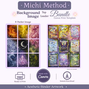 Puede incluir: Una plantilla de impresión Canva Michi Method Background Top Loader Bundle con dos cuadrículas de 9 bolsillos. Una cuadrícula muestra ilustraciones artísticas de naturaleza y fantasía, la otra cartas coleccionables. Iconos Ready to Print e Instant Download.