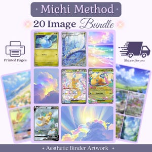 May include: A Michi Method 20 Image Bundle featuring printed pages of trading cards and colorful cloud landscapes. The collection includes illustrations of Dratini, Dragonair, and Dragonite alongside vibrant sunset and sky scenes for binder artwork.