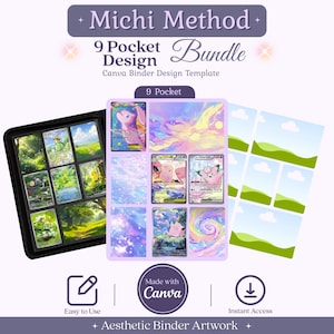 Könnte beinhalten: Eine digitale Vorlage mit dem Titel Michi Method 9 Pocket Design Bundle Canva Binder Design Template. Sie zeigt eine schwarze Ordnerseite mit neun Sammelkarten, ein zentrales Raster aus neun pastellfarbenen Kartendesigns und leere Platzhalter.