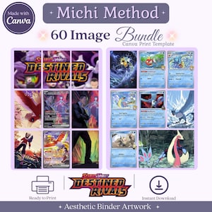Könnte beinhalten: Eine digitale Vorlage mit dem Titel Michi Method 60 Image Bundle, die verschiedene Illustrationen von Pokémon-Sammelkarten zeigt, darunter Scarlet and Violet Destined Rivals-Grafiken, angeordnet in einem Raster mit Drucksymbolen.