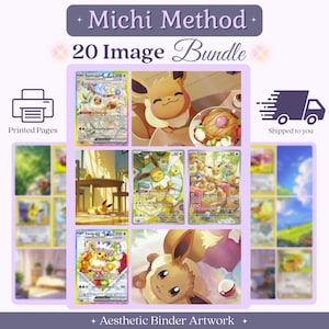 May include: A Michi Method 20 Image Bundle featuring printed pages of Eevee character artwork. The collection includes various trading card style illustrations and scenes of the brown creature in indoor settings, all displayed on a light purple background.