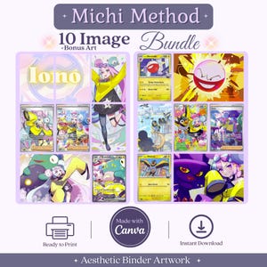 Könnte beinhalten: Ein digitales Paket mit 10 Bildern der Figur Iono aus der Pokemon-Serie, einschließlich verschiedener Sammelkartendesigns und Illustrationen. Die Sammlung ist als Michi Method 10 Image Bundle betitelt und enthält ein Made with Canva-Logo.