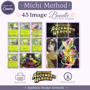 Könnte beinhalten: Ein digitales Vorlagenpaket mit dem Titel Michi Method 45 Image Bundle, das verschiedene grün gestaltete Sammelkarten, eine Anime-Charakterillustration und den Text Mega Evolution Ascended Heroes enthält. Inklusive Druck- und Download-Symbolen.