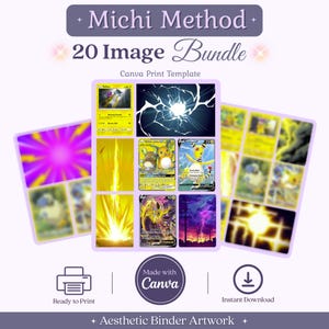May include: A digital template titled Michi Method 20 Image Bundle featuring a collection of yellow and purple themed trading card graphics. The layout includes various lightning, energy, and character illustrations, with icons for printing and downloading.