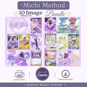 Könnte beinhalten: Ein digitales Paket mit 10 Bildern und Bonus-Kunstwerken unter dem Titel Michi Method, das verschiedene Anime-Illustrationen von Charakteren in lila Outfits, Sammelkarten-Designs und Pokémon-Kunstwerke in einem Rasterlayout zeigt.