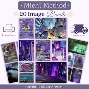 May include: A collection of 20 printed pages featuring Michi Method aesthetic binder artwork. The images display various purple-toned cityscapes and trading card game character illustrations, including Gengar and Crobat, in a grid layout.