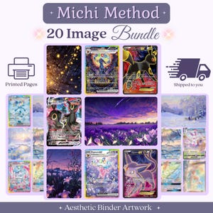 Peut inclure: Un lot de 20 images Michi Method comprenant une collection de cartes à collectionner et d'illustrations de paysages. Les visuels présentent diverses créatures, des ciels étoilés, des champs fleuris et des scènes enneigées en violet et rose.