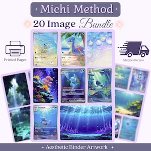 Könnte beinhalten: Ein Michi Method 20-Bilder-Set mit gedruckten Seiten von Sammelkarten mit Wasserthemen und Unterwasserszenen. Die Sammlung zeigt verschiedene Illustrationen in Blautönen, darunter Meeresbewohner, Korallenriffe und Tiefseeansichten.