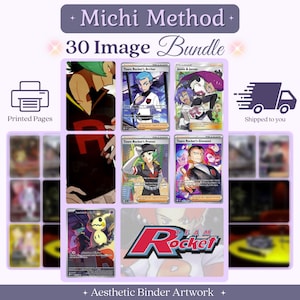 May include: A collection of 30 printed trading card images featuring Team Rocket characters including Archer, Jessie and James, Proton, Giovanni, and Mimikyu. The display includes the text Michi Method 30 Image Bundle and Team Rocket logo.