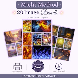 Könnte beinhalten: Ein digitales Set aus 20 Bildern mit dem Titel Michi Method 20 Image Bundle Canva Print Template. Die Sammlung enthält verschiedene grafische Designs, darunter Feuermuster, blaue Flammen und Illustrationen von Sammelkarten in einem Raster.