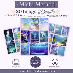 Puede incluir: Un paquete digital de 20 imágenes titulado Michi Method 20 Image Bundle Special Edition Collector Favorite. La colección presenta ilustraciones de cartas coleccionables con temas acuáticos, escenas submarinas y arrecifes de coral en una plantilla.