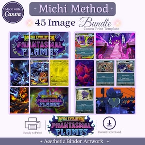Könnte beinhalten: Ein digitales Vorlagenpaket mit dem Titel Michi Method 45 Image Bundle, das verschiedene Sammelkartenillustrationen, Mega Evolution Phantasmal Flames-Grafiken, violette und goldene Farbschemata sowie Symbole zum Drucken und Herunterladen enthält.