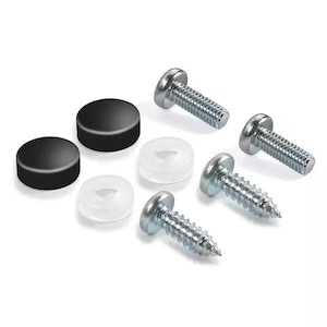 May include: An assortment of hardware components, including black screw covers, clear washers, and silver screws. The screw heads are round, and the screws have a threaded shaft. The components are arranged on a white background.