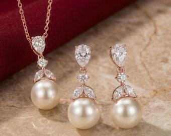 Conjunto de collar y pendientes de perlas para novia, perlas de agua dulce, circonitas cúbicas, joyería elegante