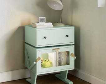 Mesita de noche LED moderna con cajón giratorio, color verde, mueble auxiliar de almacenamiento.