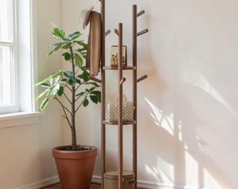 Perchero de madera maciza con soporte giratorio, ganchos y estantes para la entrada. Organizador.