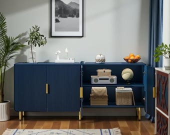 Blue Fluted Sideboard Buffet Cabinet Modern Storage Console Media Stand