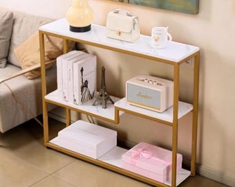 Faux Marble Console Table Narrow Entryway Sofa Accent Table Gold Frame Modern