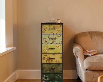 Grande tour de rangement en tissu pour commode avec 6 tiroirs et cadre en métal avec plateau en bois