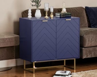 Aparador azul marino con vitrina de almacenamiento tipo espiga, buffet y credenza