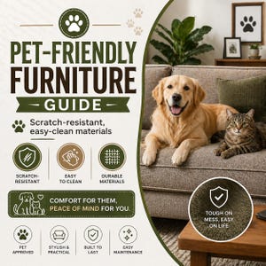 Op de afbeelding: Een golden retriever en een tabby kat liggen op een bank. De afbeelding maakt deel uit van een "Huisdiervriendelijke Meubels Gids" met tekst die krasbestendige, gemakkelijk schoon te maken en duurzame materialen benadrukt.