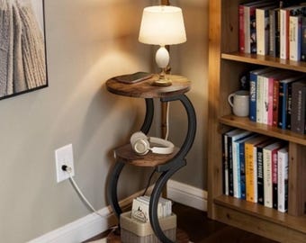 Rustic Round Side Table Industrial Nightstand Accent Shelf for Small Spaces